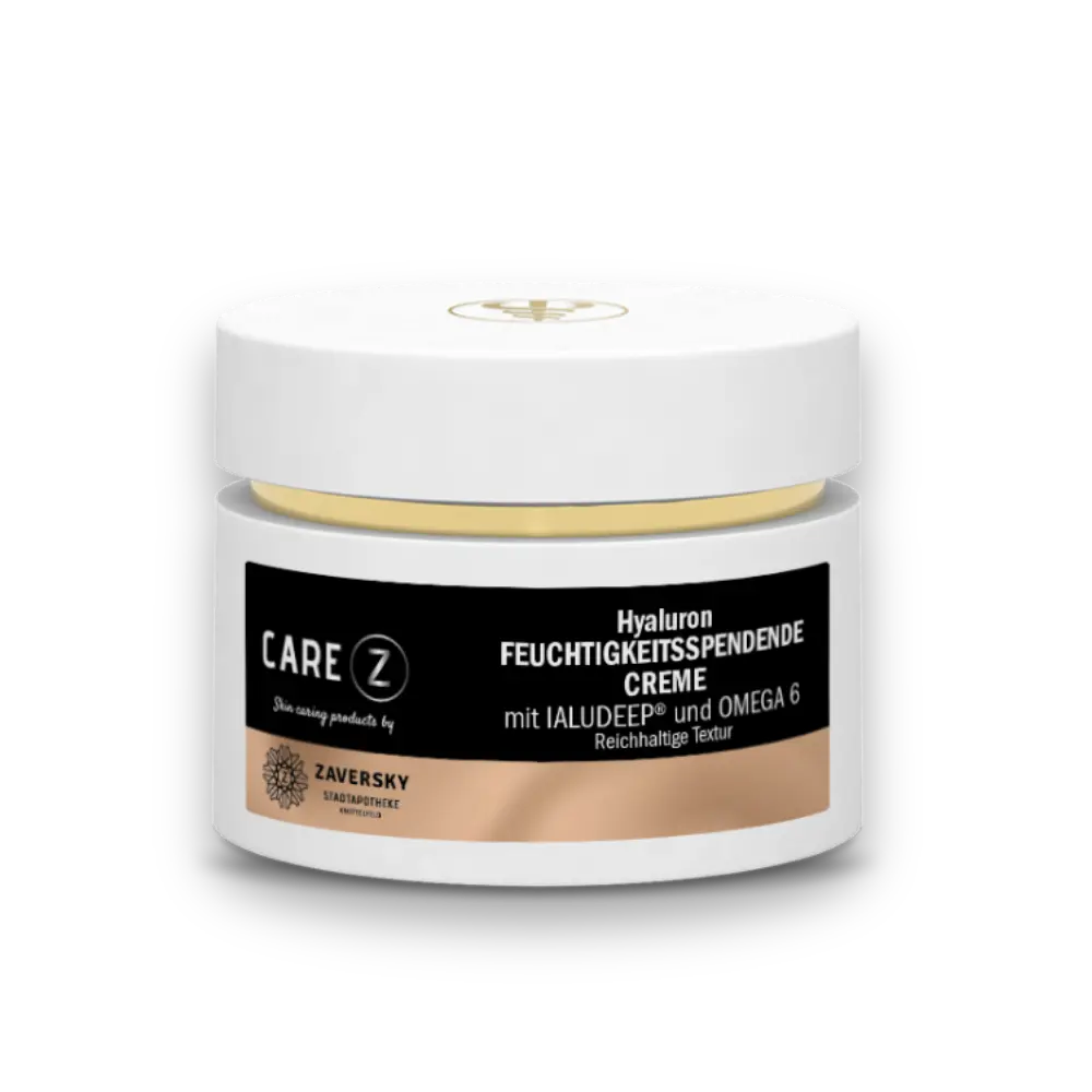 CARE Z Hyaluron Feuchtigkeitsspendende Creme mit IALUDEEP und Omega 6 im weißen Tiegel mit schwarzem Etikett