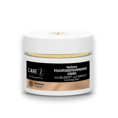 CARE Z Hyaluron Feuchtigkeitsspendende Creme mit IALUDEEP und Omega 6 im weißen Tiegel mit schwarzem Etikett