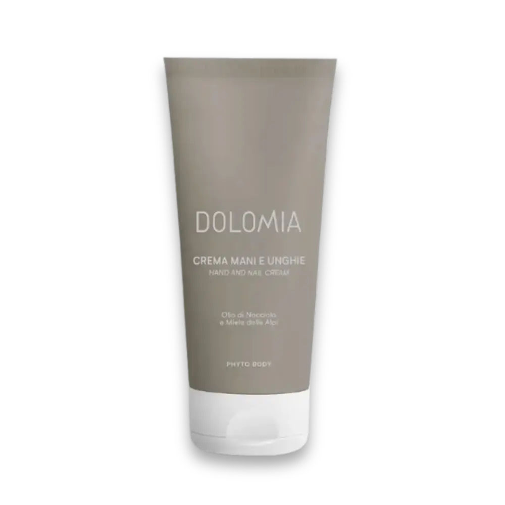 Dolomia Crema Mani e Unghie Hand- und Nagelcreme in taupefarbener Tube mit weißem Schraubverschluss, Phyto Body Linie