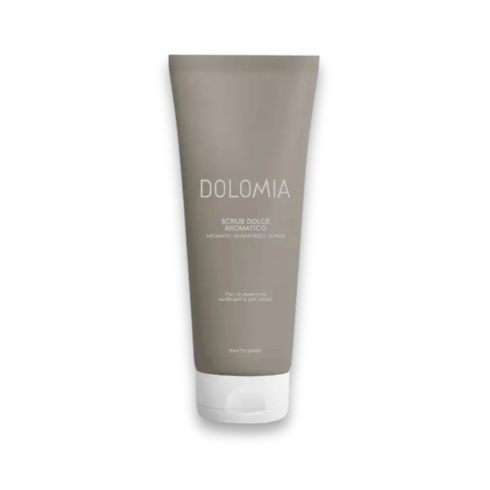 Dolomia Scrub Dolce Aromatico, taupefarbene Tube mit weißem Schraubverschluss, aromatisches Zucker-Körperpeeling, Vorderansicht