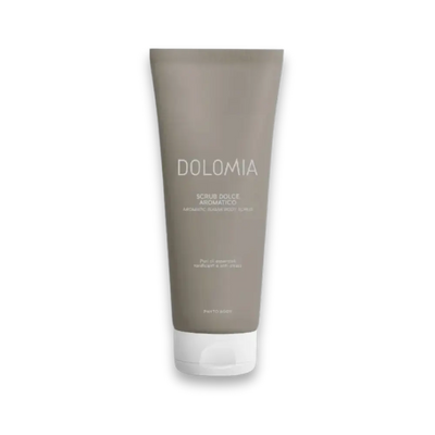 Dolomia Scrub Dolce Aromatico, taupefarbene Tube mit weißem Schraubverschluss, aromatisches Zucker-Körperpeeling, Vorderansicht