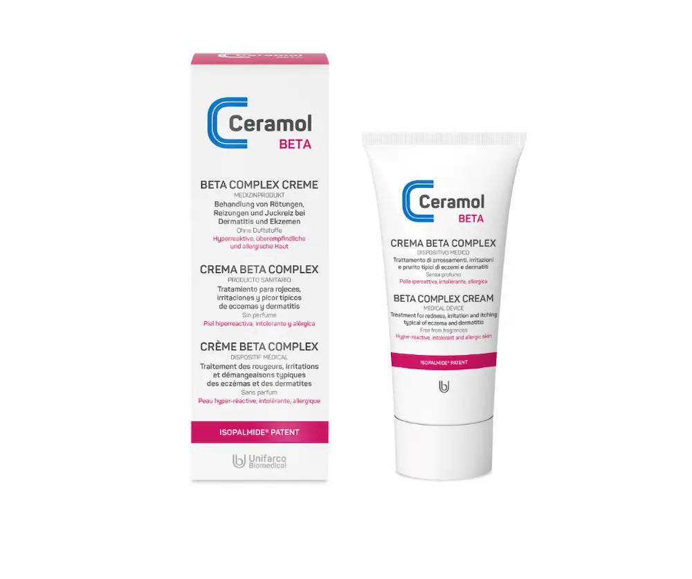 Ceramol Beta Complex Creme als weiße Tube neben Faltschachtel, Medizinprodukt für gereizte, gerötete und juckende Haut.