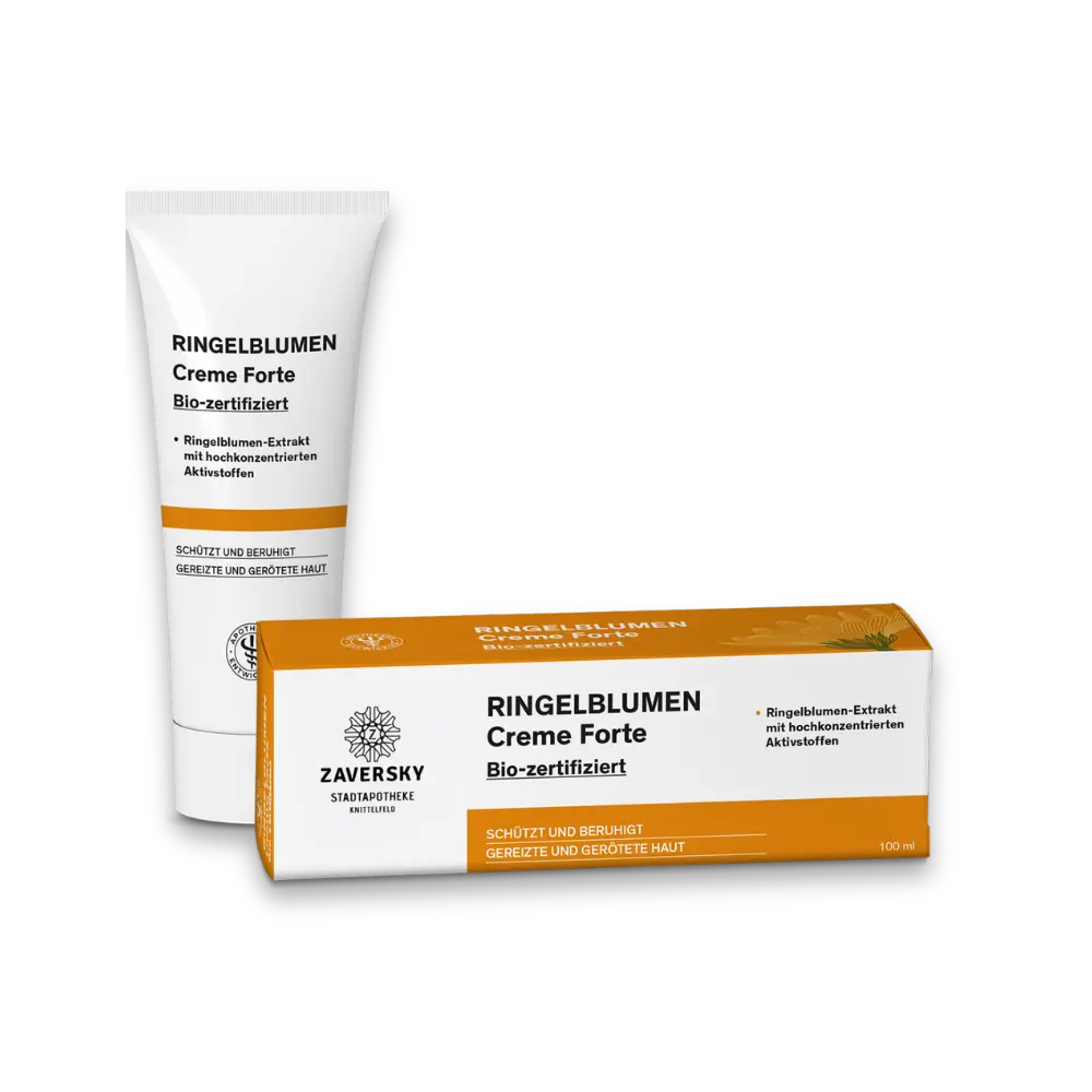 Ringelblumen Creme Forte von Zaversky in weißer Tube und orangefarbener Faltschachtel, bio-zertifiziert, 100 ml.
