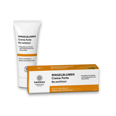 Ringelblumen Creme Forte von Zaversky in weißer Tube und orangefarbener Faltschachtel, bio-zertifiziert, 100 ml.