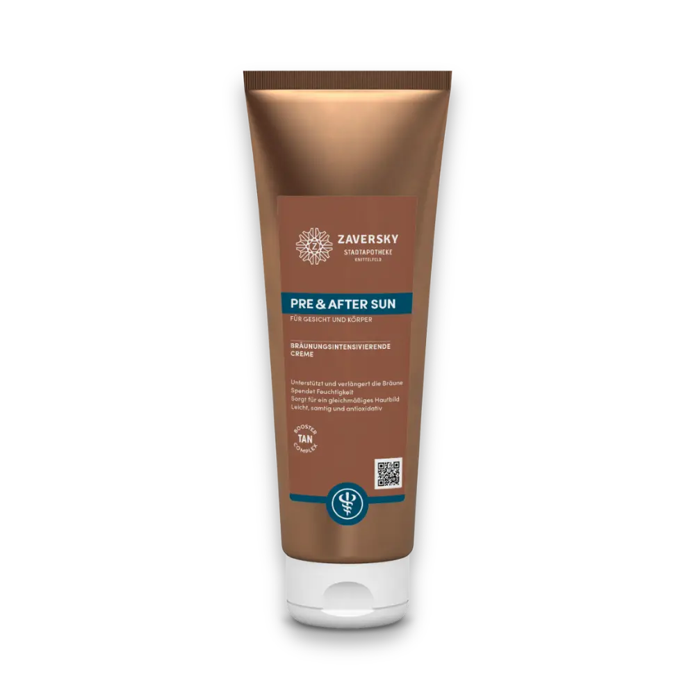 Zaversky Stadtapotheke Pre & After Sun Creme in brauner Tube mit weißem Deckel, bräunungsintensivierende Creme für Gesicht und Körper