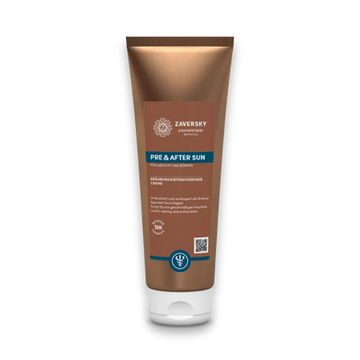 Zaversky Stadtapotheke Pre & After Sun Creme in brauner Tube mit weißem Deckel, bräunungsintensivierende Creme für Gesicht und Körper