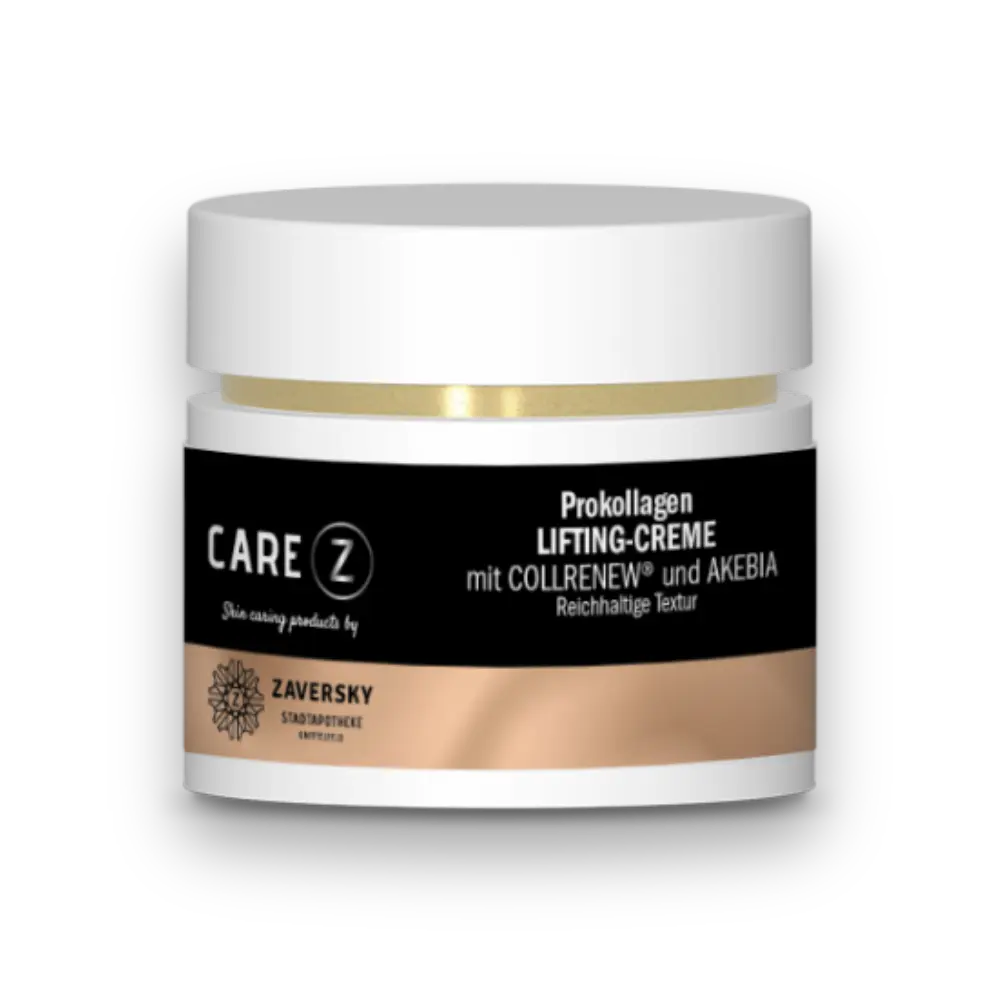 CARE Z Prokollagen Lifting-Creme mit COLLRENEW und AKEBIA im weißen Tiegel, schwarzes Etikett, reichhaltige Textur