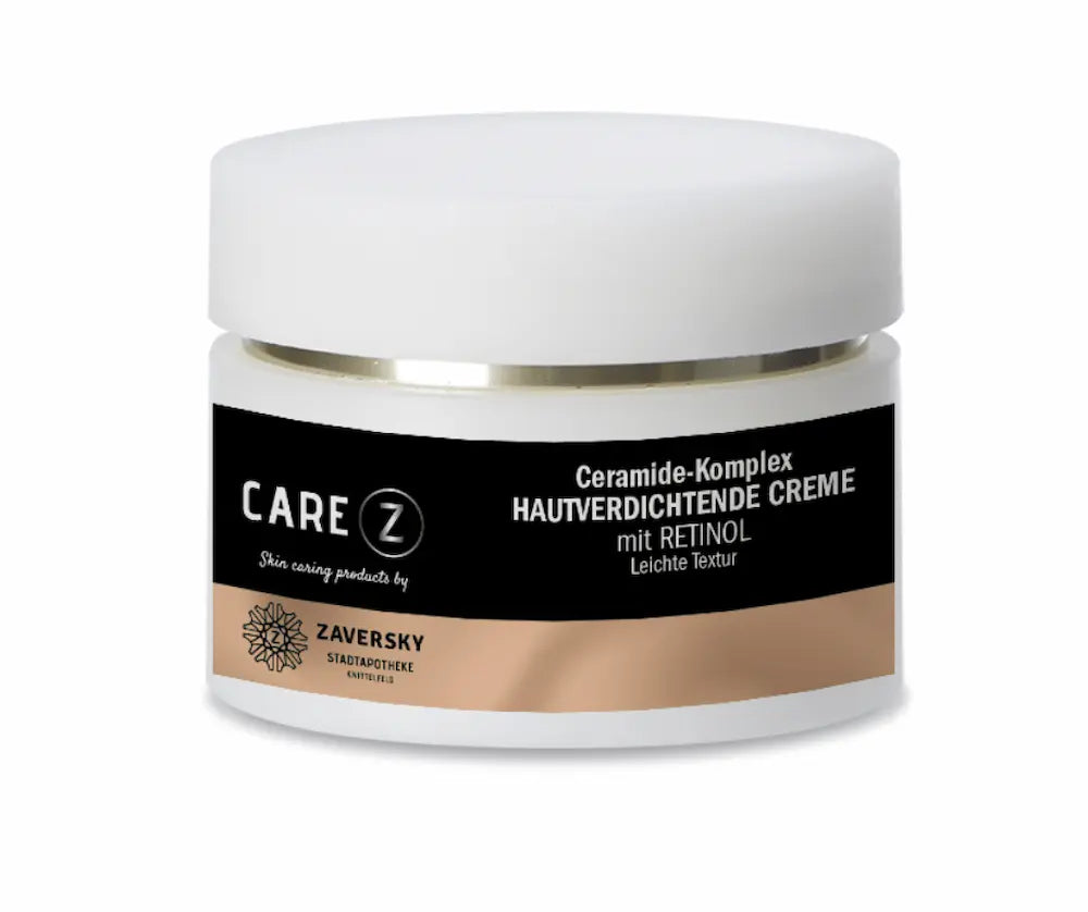 CARE Z Ceramide-Komplex Hautverdichtende Creme mit Retinol von Zaversky, weißer Tiegel mit schwarz-beigem Etikett, Vorderansicht