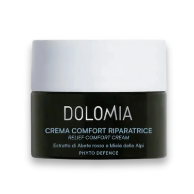 Dolomia Crema Comfort Riparatrice im dunkelgrünen Glastiegel mit weißem Deckel, Relief Comfort Cream, Phyto Defence, Vorderansicht