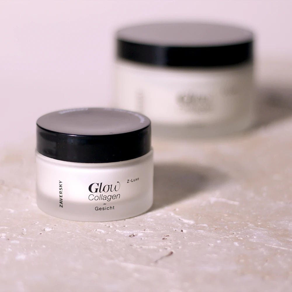 Zaversky Glow Collagen Gesichtscreme im weißen Tiegel mit schwarzem Deckel, vorne kleiner Tiegel, hinten größerer Tiegel unscharf