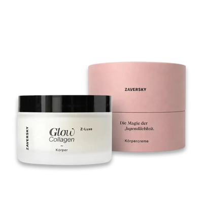 Zaversky Z-Luxe Glow Collagen Körpercreme im weißen Tiegel mit schwarzem Deckel neben rosafarbener Rundverpackung