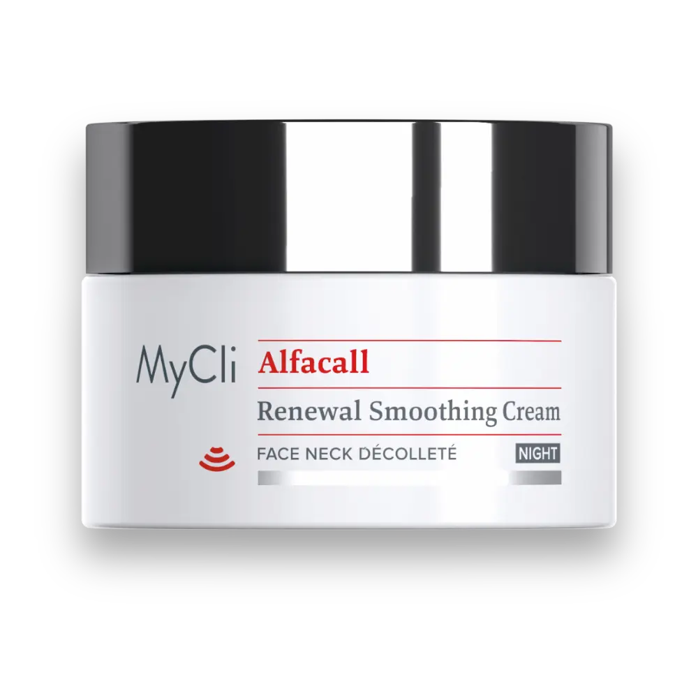 MyCli Alfacall Renewal Smoothing Cream Night im weißen Tiegel mit schwarzem Deckel für Gesicht, Hals und Dekolleté, Vorderansicht