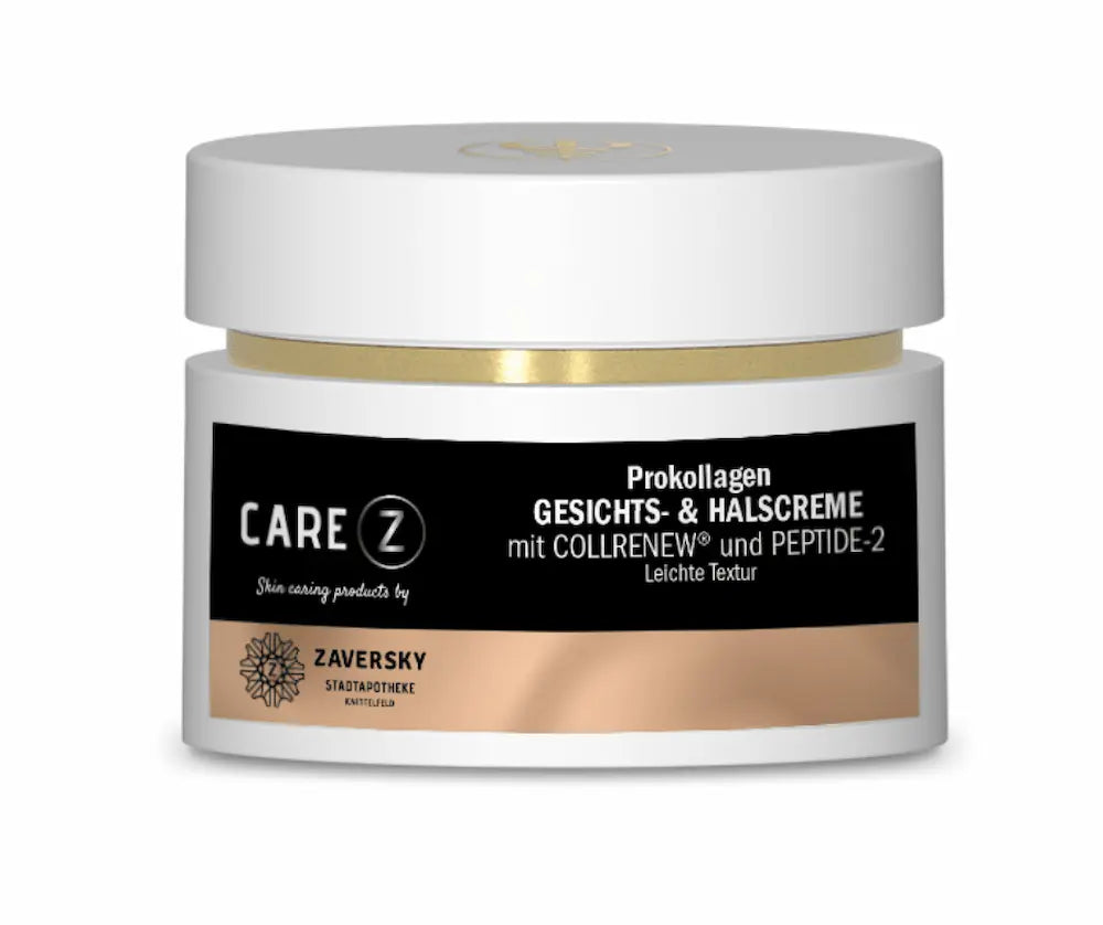 CARE Z Prokollagen Gesichts- & Halscreme mit COLLRENEW und PEPTIDE-2, weißer Tiegel mit schwarzem Etikett, Zaversky