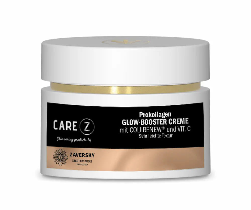 Care Z Prokollagen Glow-Booster Creme im weißen Tiegel mit COLLRENEW und Vitamin C, Stadtapotheke Zaversky, Vorderansicht