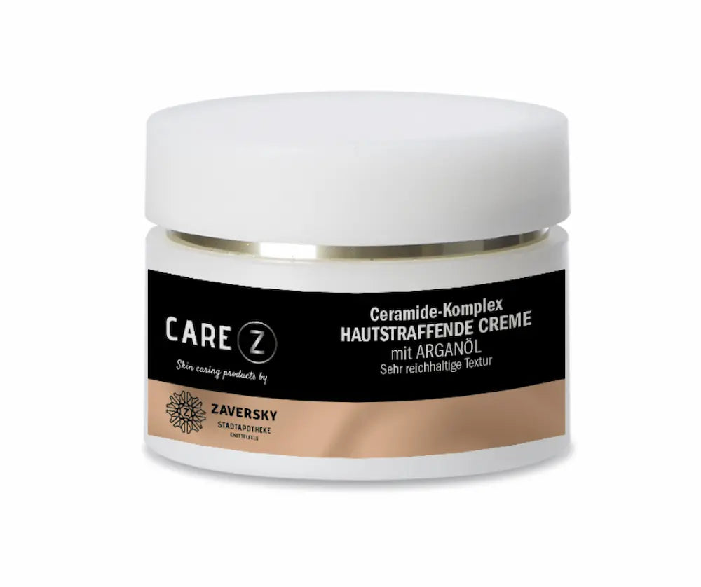 CARE Z Hautstraffende Creme mit Ceramide-Komplex und Arganöl im weißen Tiegel mit schwarzem Etikett, Vorderansicht