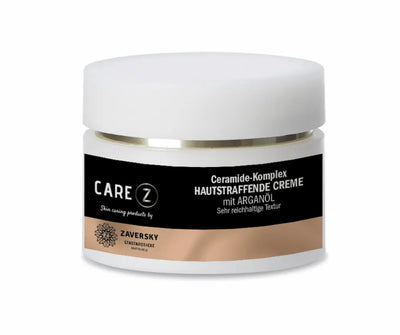 CARE Z Hautstraffende Creme mit Ceramide-Komplex und Arganöl im weißen Tiegel mit schwarzem Etikett, Vorderansicht