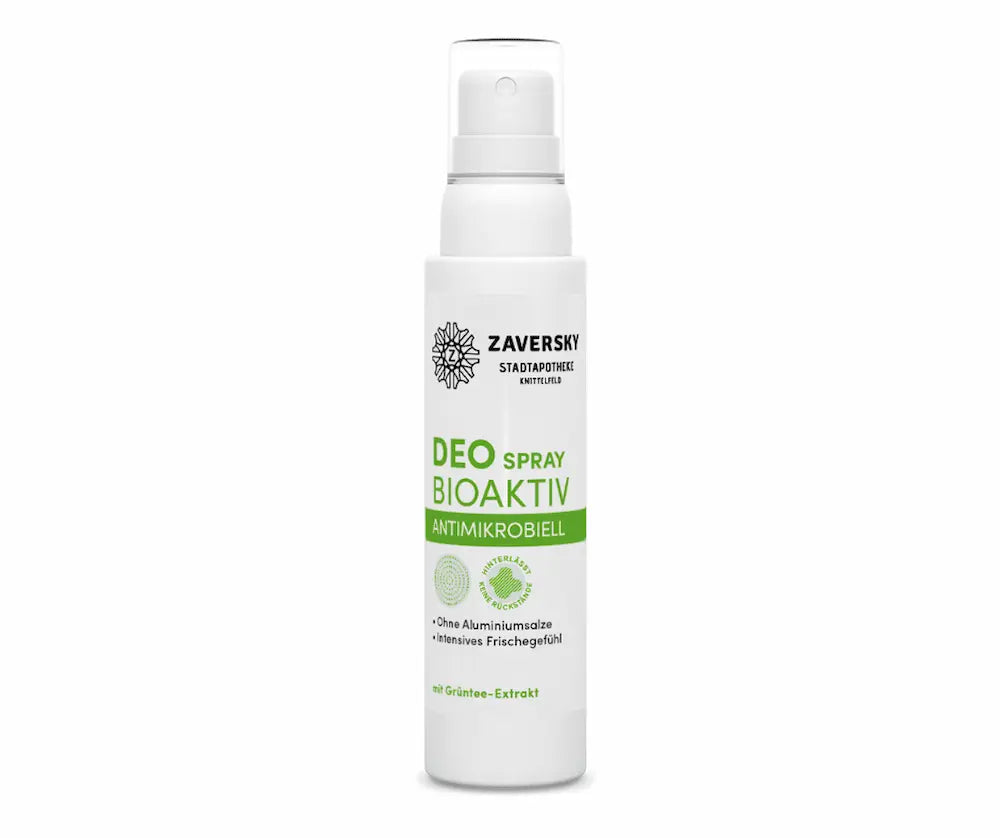 Weiße Sprühflasche Zaversky Deo Spray Bioaktiv Antimikrobiell mit Grüntee-Extrakt, ohne Aluminiumsalze, Vorderansicht