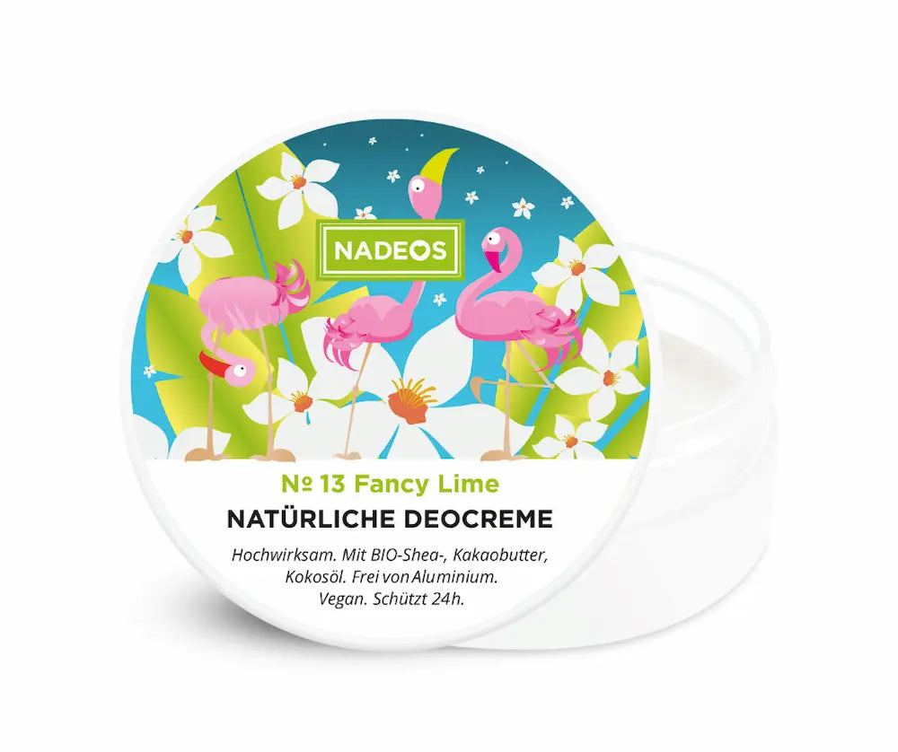 Geöffnete runde NADEOS Deocreme Dose № 13 Fancy Lime mit Flamingo-Blüten-Motiv, sichtbarer weißer Creme, natürliche Deocreme