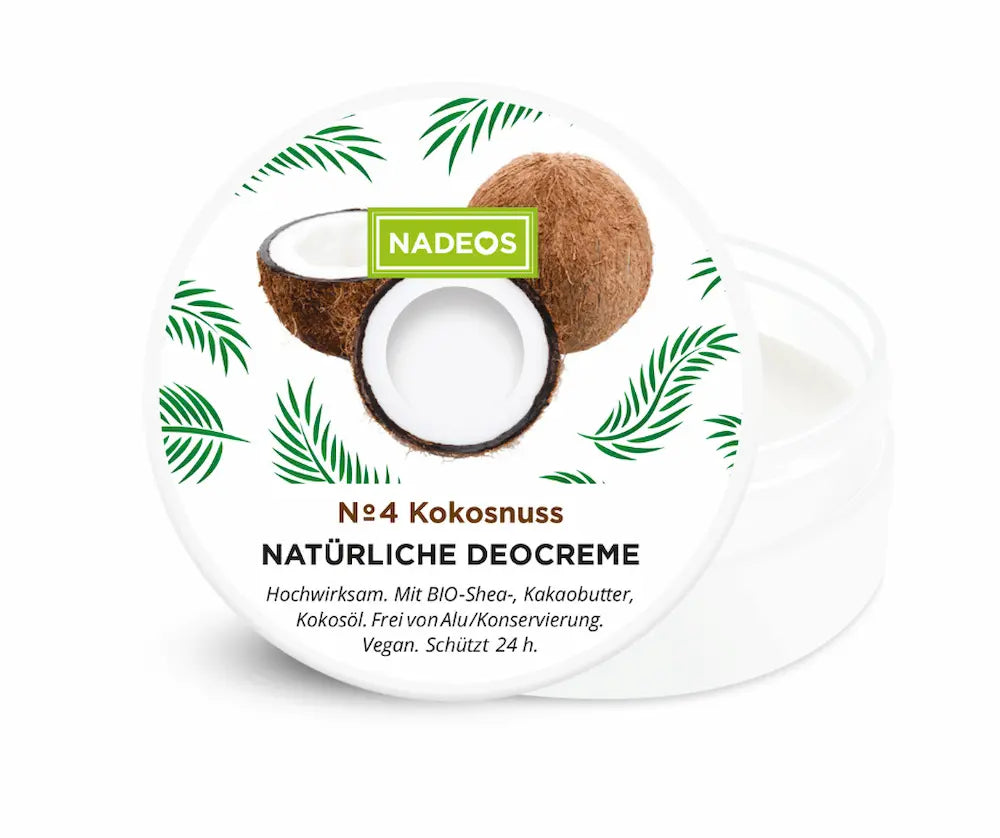 Geöffneter weißer Tiegel NADEOS Nº4 Kokosnuss Natürliche Deocreme mit Kokosnuss- und Palmenmotiv auf dem Deckel, Vorderansicht