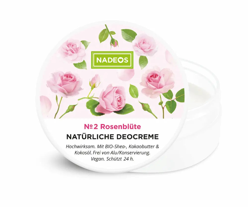 Geöffneter NADEOS Deocreme-Tiegel „№2 Rosenblüte", Deckel mit rosa Rosenmotiv, weiße Creme sichtbar