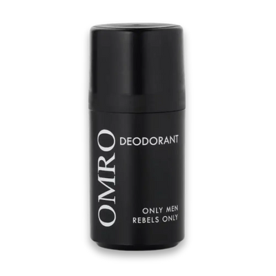 OMRO Deodorant in schwarzer Roll-on-Flasche mit weißer Aufschrift „Only Men Rebels Only“, Vorderansicht