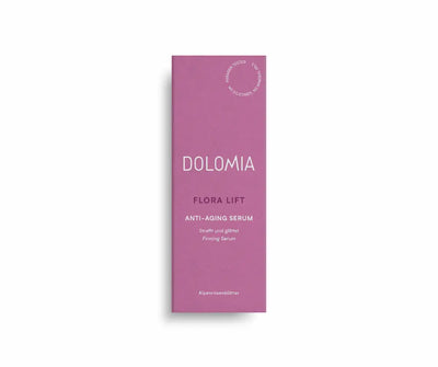 Dolomia Flora Lift Anti-Aging Serum in lila Faltschachtel, strafft und glättet mit Alpenrosenblättern, Vorderansicht