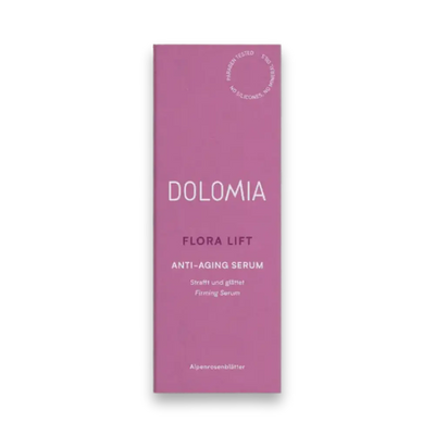 Dolomia Flora Lift Anti-Aging Serum in lila Faltschachtel, strafft und glättet mit Alpenrosenblättern, Vorderansicht