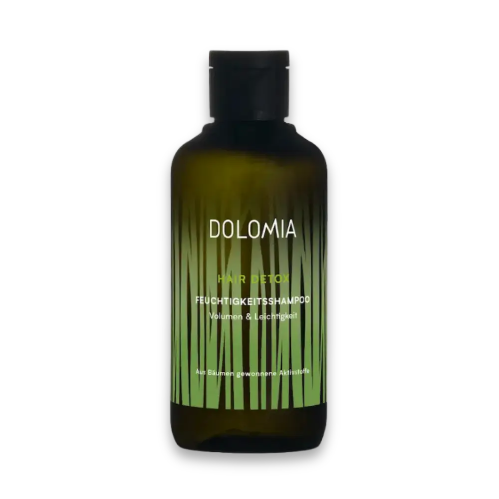 Dolomia Hair Detox Feuchtigkeitsshampoo für Volumen und Leichtigkeit in grüner Flasche mit Grasmotiv, Vorderansicht