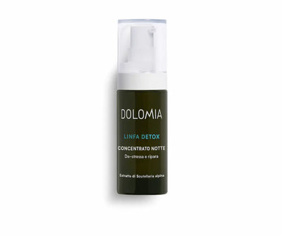 Dolomia Linfa Detox Concentrato Notte Nachtpflege in dunkler Pumpflasche mit transparenter Kappe, Vorderansicht
