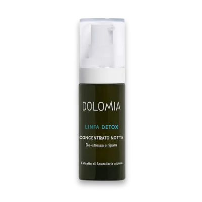 Dolomia Linfa Detox Concentrato Notte Nachtpflege in dunkler Pumpflasche mit transparenter Kappe, Vorderansicht