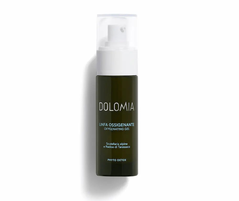 Dolomia Linfa Ossigenante Oxygenating Gel in dunkelgrüner Pumpflasche mit weißem Spender, Aufschrift Phyto Detox