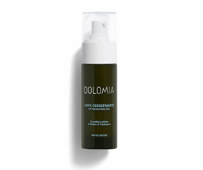 Dolomia Linfa Ossigenante Oxygenating Gel in dunkelgrüner Pumpflasche mit weißem Spender, Aufschrift Phyto Detox