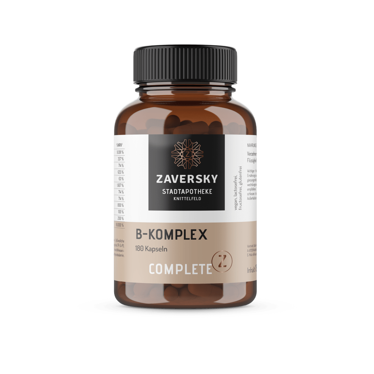 Zaversky Complete B-Komplex, 180 Kapseln, braune Dose mit schwarzem Deckel und beige-schwarzem Etikett, vegan und glutenfrei.