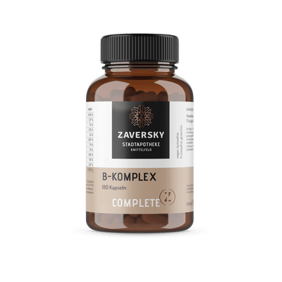 Zaversky Complete B-Komplex, 180 Kapseln, braune Dose mit schwarzem Deckel und beige-schwarzem Etikett, vegan und glutenfrei.