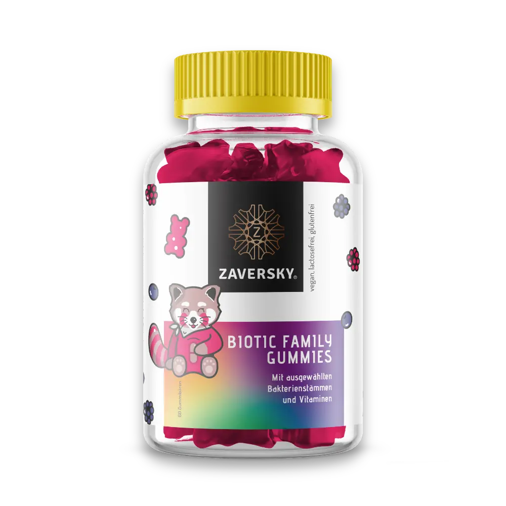 Zaversky Biotic Family Gummies in transparenter Dose mit gelbem Deckel, pinke Gummibärchen sichtbar, Etikett mit Panda-Motiv, vegan, laktosefrei, glutenfrei.