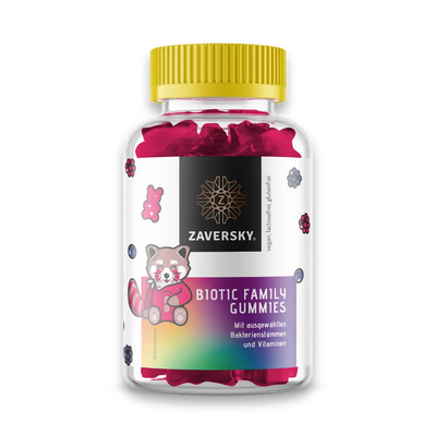 Zaversky Biotic Family Gummies in transparenter Dose mit gelbem Deckel, pinke Gummibärchen sichtbar, Etikett mit Panda-Motiv, vegan, laktosefrei, glutenfrei.