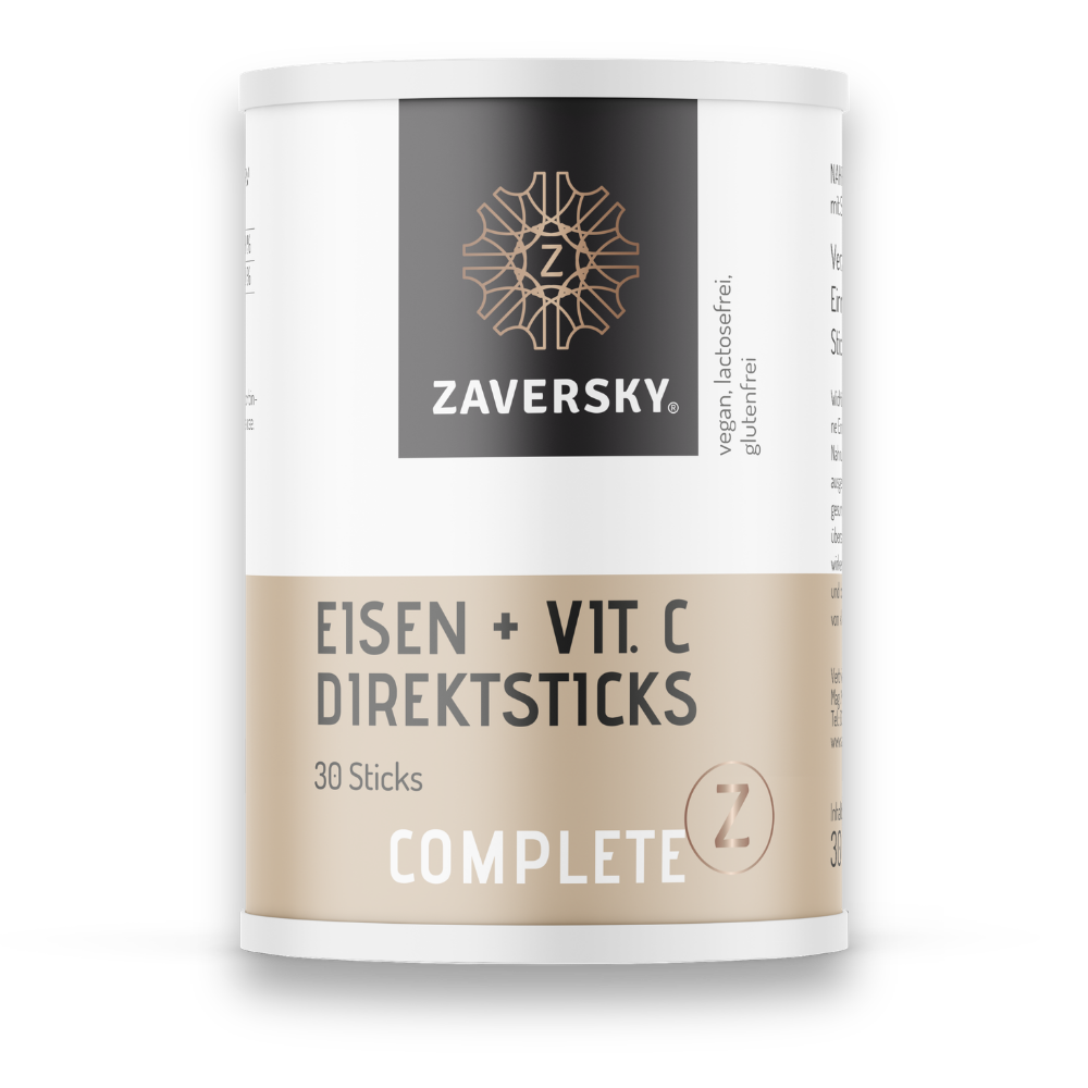 Zaversky Eisen + Vit. C Direktsticks Complete in weiß-beiger Dose mit 30 Sticks, vegan, lactosefrei und glutenfrei