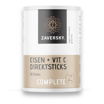 Zaversky Eisen + Vit. C Direktsticks Complete in weiß-beiger Dose mit 30 Sticks, vegan, lactosefrei und glutenfrei