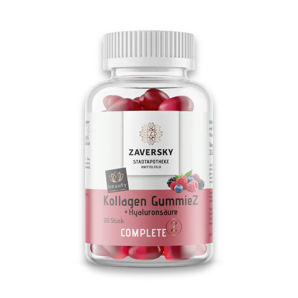 Zaversky Kollagen GummieZ + Hyaluronsäure, Dose mit 60 Stück, Complete Z Linie, rosafarbenes Etikett mit Beeren-Fruchtgummis.