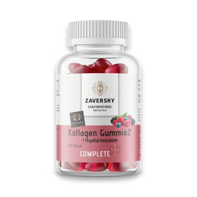 Zaversky Kollagen GummieZ + Hyaluronsäure, Dose mit 60 Stück, Complete Z Linie, rosafarbenes Etikett mit Beeren-Fruchtgummis.