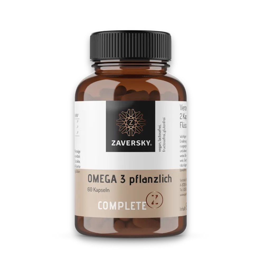 Zaversky Complete Z Omega 3 pflanzlich, 60 Kapseln, braune Dose mit schwarzem Deckel und beigem Etikett, vegan.
