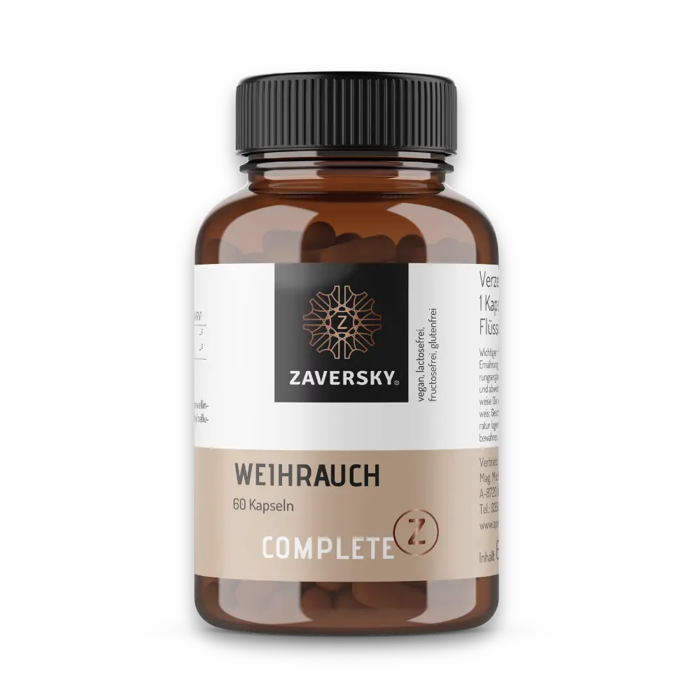 Zaversky Complete Z Weihrauch, 60 Kapseln, braune Dose mit schwarzem Deckel und beige-weißem Etikett.