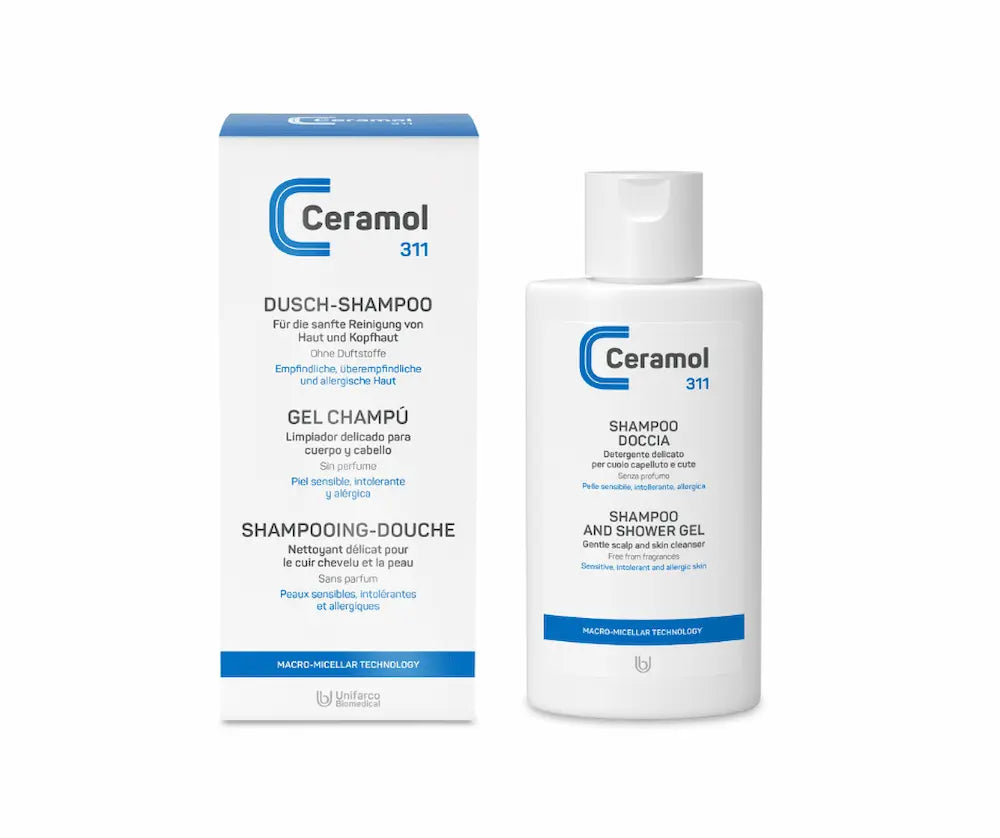 Ceramol 311 Dusch-Shampoo, weiße Flasche mit blauem Logo neben der Verpackungsschachtel, sanfte Reinigung für Haut und Kopfhaut