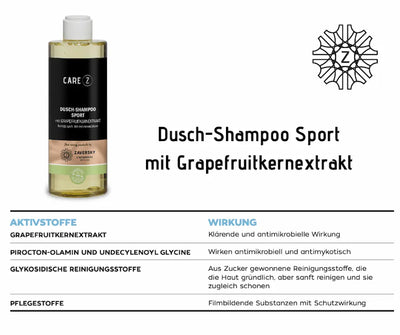 CARE Z Dusch-Shampoo Sport mit Grapefruitkernextrakt, transparente Flasche mit Infografik zu Aktivstoffen und Wirkung.