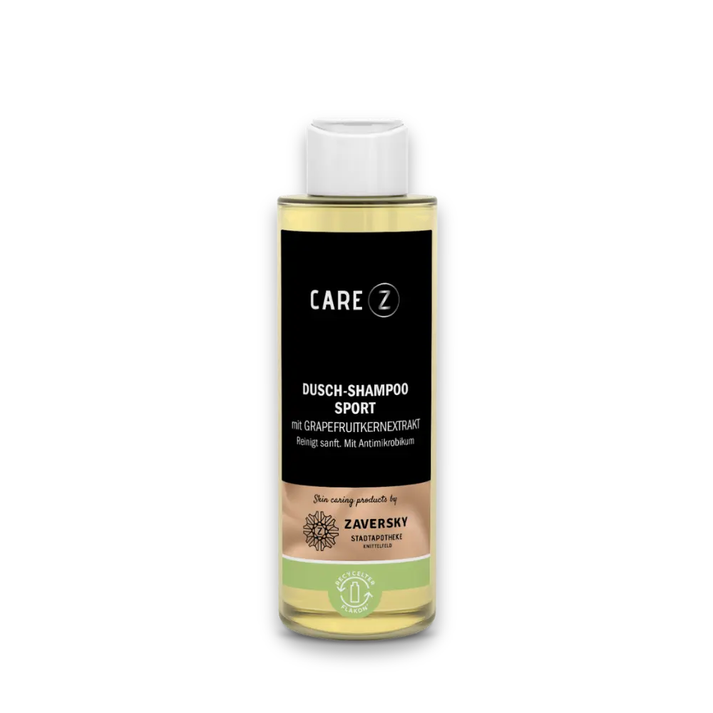 CARE Z Dusch-Shampoo Sport mit Grapefruitkernextrakt in transparenter Flasche mit schwarzem Etikett und weißer Klappkappe