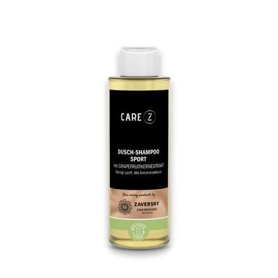 CARE Z Dusch-Shampoo Sport mit Grapefruitkernextrakt in transparenter Flasche mit schwarzem Etikett und weißer Klappkappe