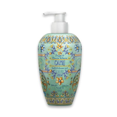 Bade- und Duschgel „Capri" mit Iris-Duft in verzierter Pumpflasche im türkis-blau-gelben Majolika-Muster, 700 ml, Made in Italy