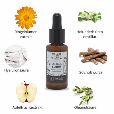 NATURE Z Energie Serum in brauner Tropfflasche, umgeben von Zutaten wie Ringelblume, Holunderblüte, Apfel und Süßholzwurzel.