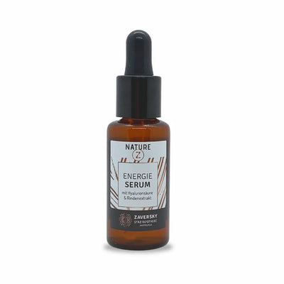 NATURE Z Energie Serum von Zaversky in brauner Tropfflasche mit Pipette, Etikett mit Hyaluronsäure & Rindenextrakt.