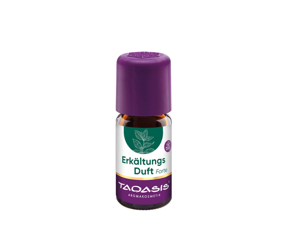 Taoasis Erkältungs Duft Forte ätherisches Öl in brauner Glasflasche mit violettem Deckel und Bio-Siegel, Vorderansicht